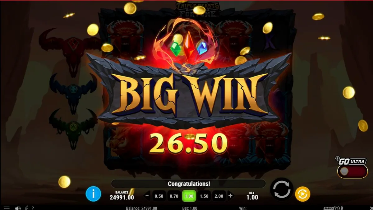 Tampilan visual slot Triple Beasts of Fortune dengan latar belakang ngarai dan simbol hewan purba.